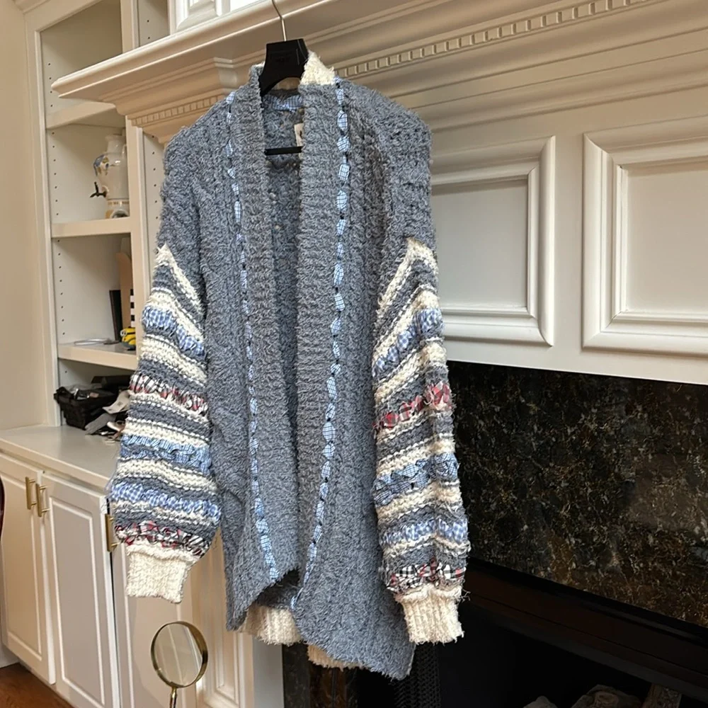 Care Free People Life's Purpose knit woven ribbon trimmed cardigan sweater sz.XS